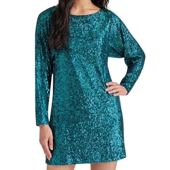 Steve Madden Ginger Sequin Mini Dress Long Sleeve Deep Teal NWT Size 2 - Picture 2 of 5